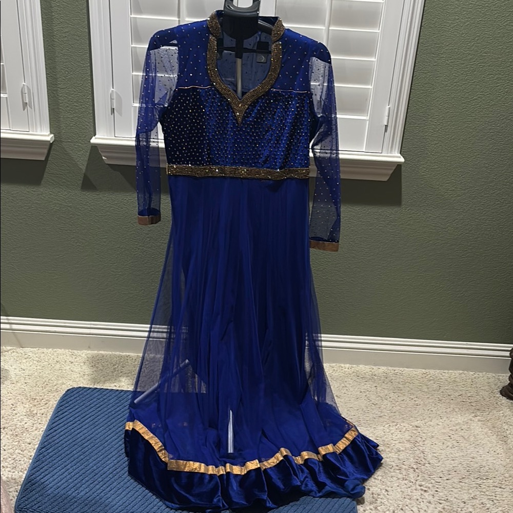 Blue Long Sleeve V-Neck Gown/anarkali suit with Gold Accents